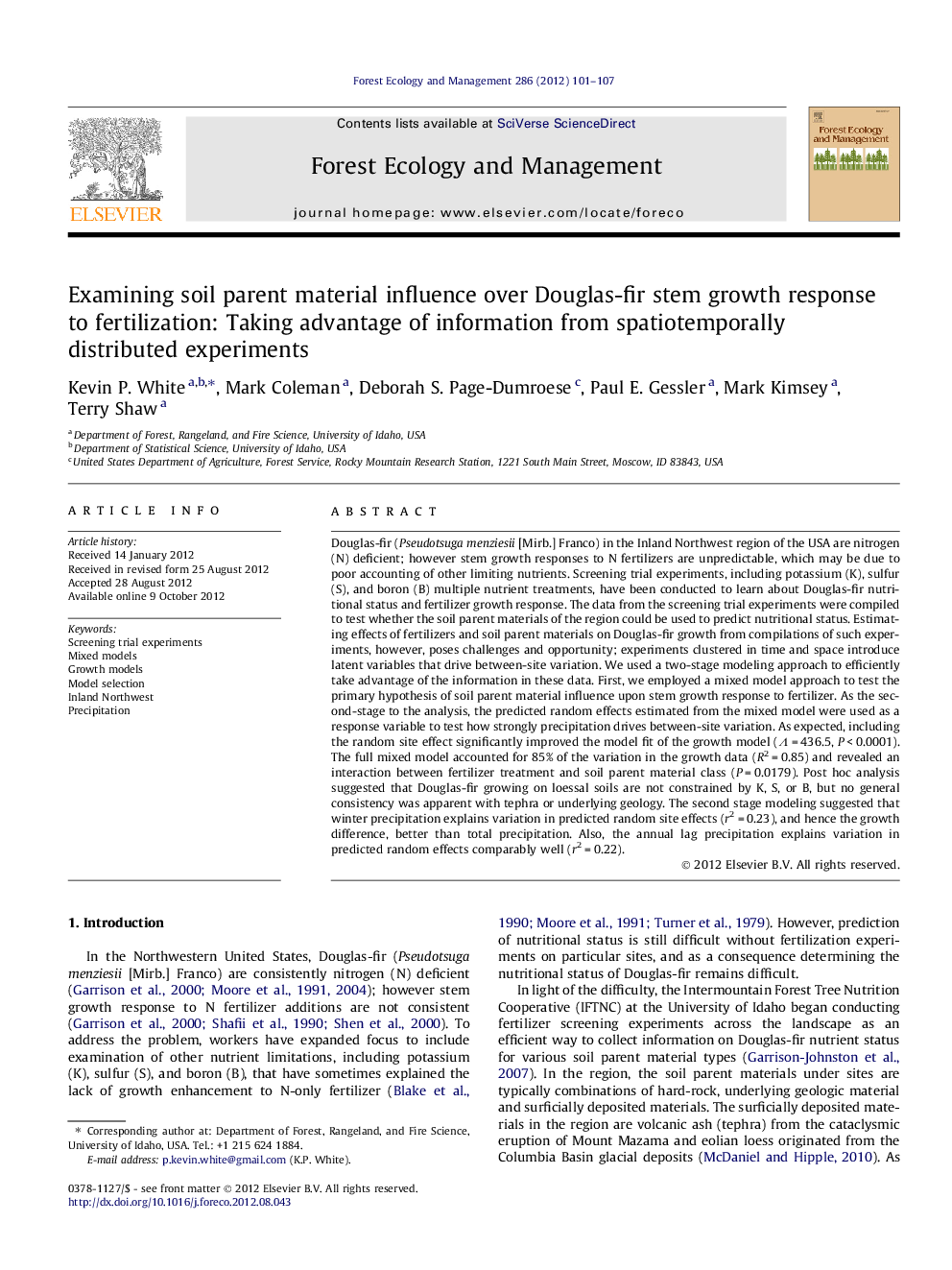 Examining soil parent material influence over Douglas-fir stem growth response to fertilization: Taking advantage of information from spatiotemporally distributed experiments