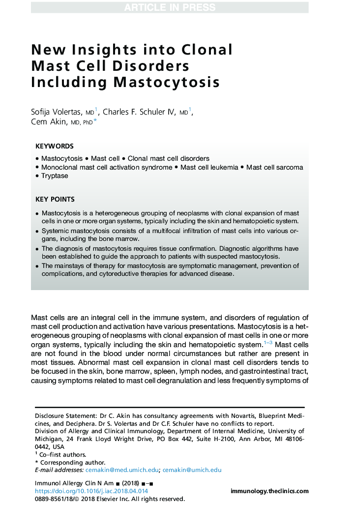 New Insights into Clonal Mast Cell Disorders Including Mastocytosis