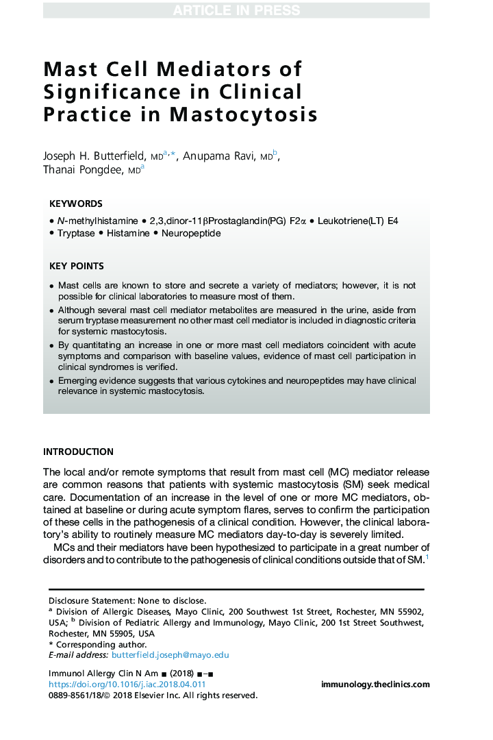 Mast Cell Mediators of Significance in Clinical Practice in Mastocytosis