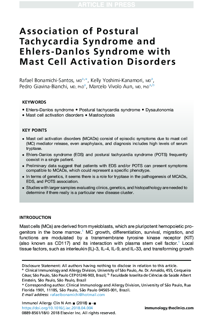 Association of Postural Tachycardia Syndrome and Ehlers-Danlos Syndrome with Mast Cell Activation Disorders