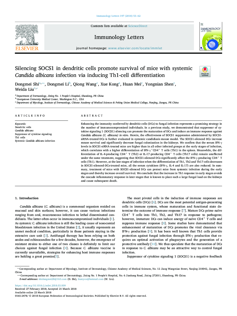 Silencing SOCS1 in dendritic cells promote survival of mice with systemic Candida albicans infection via inducing Th1-cell differentiation