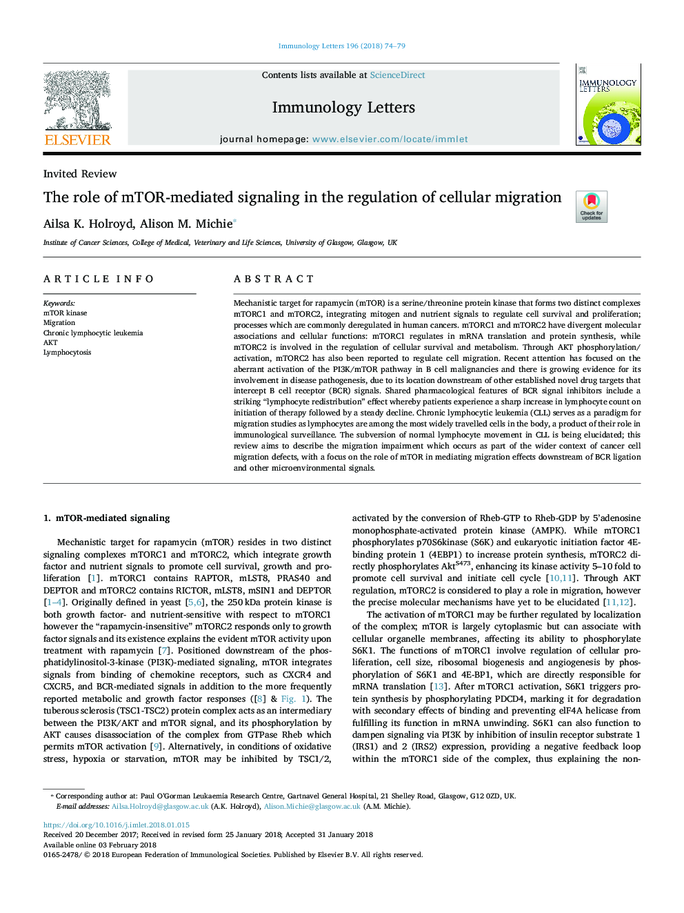 The role of mTOR-mediated signaling in the regulation of cellular migration