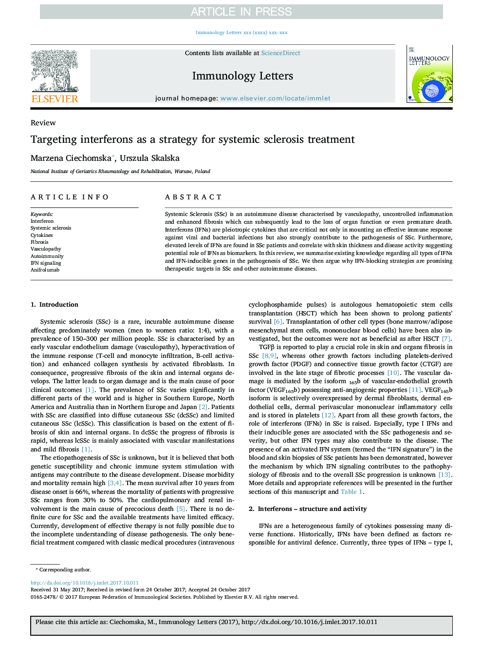 Targeting interferons as a strategy for systemic sclerosis treatment