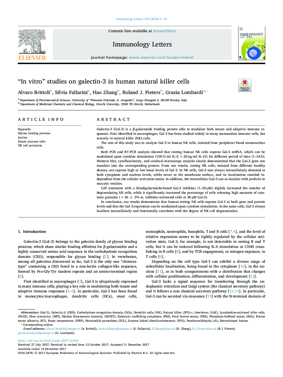 “In vitro” studies on galectin-3 in human natural killer cells