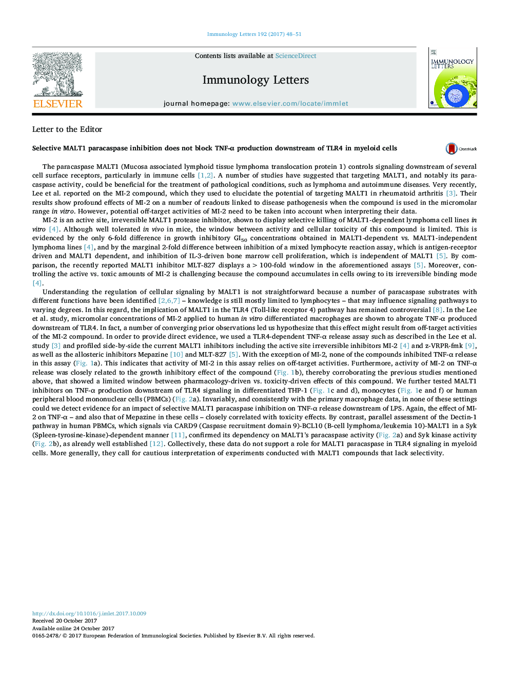 Selective MALT1 paracaspase inhibition does not block TNF-Î± production downstream of TLR4 in myeloid cells