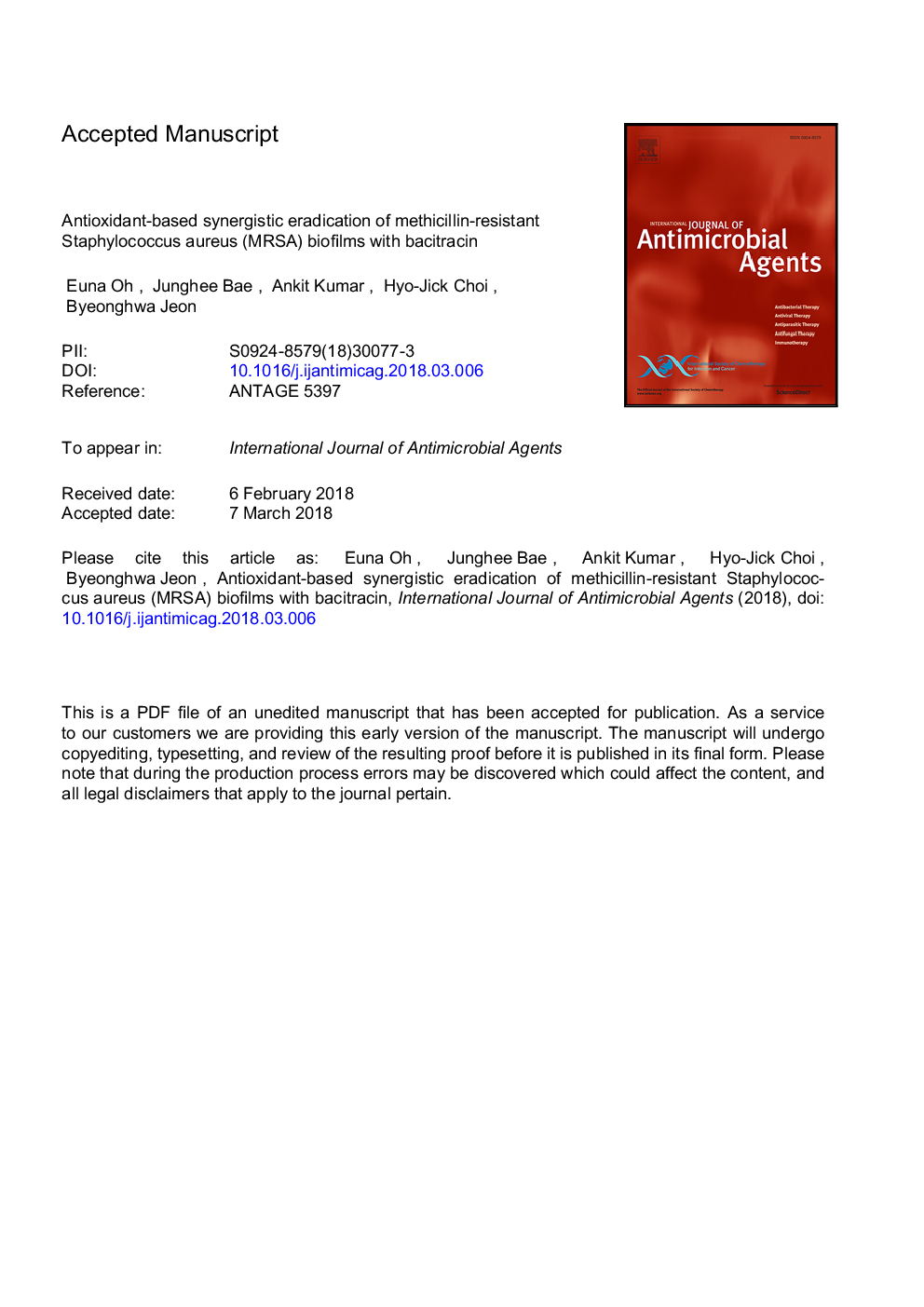 Antioxidant-based synergistic eradication of methicillin-resistant Staphylococcus aureus (MRSA) biofilms with bacitracin