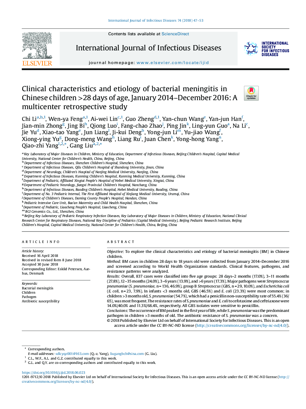 Clinical characteristics and etiology of bacterial meningitis in Chinese children >28 days of age, January 2014-December 2016: A multicenter retrospective study