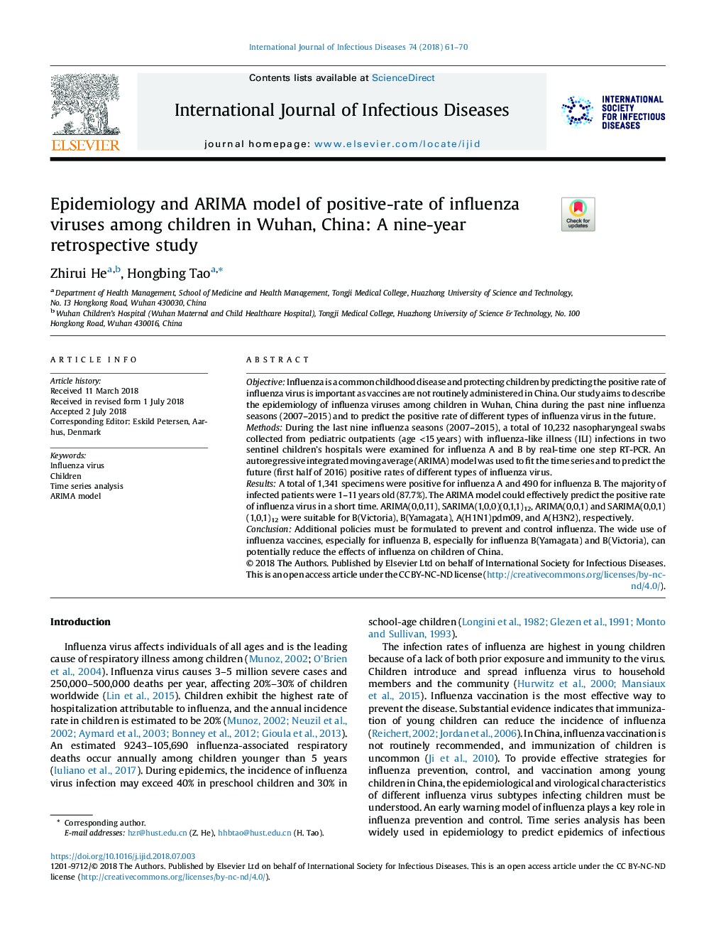 Epidemiology and ARIMA model of positive-rate of influenza viruses among children in Wuhan, China: A nine-year retrospective study