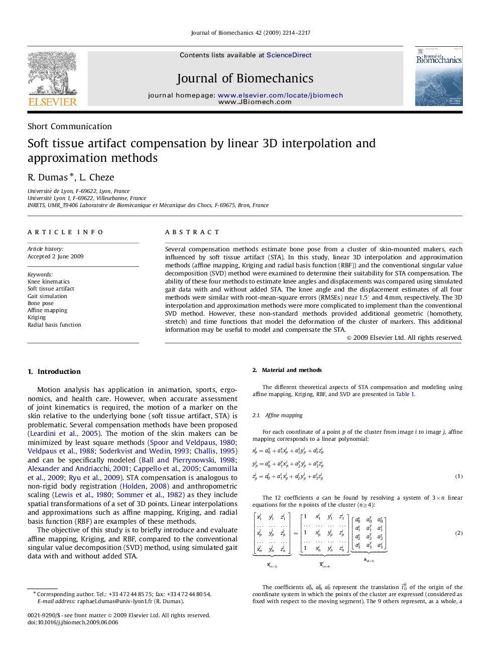 Soft tissue artifact compensation by linear 3D interpolation and approximation methods