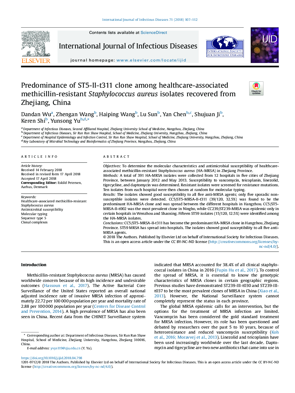 Predominance of ST5-II-t311 clone among healthcare-associated methicillin-resistant Staphylococcus aureus isolates recovered from Zhejiang, China