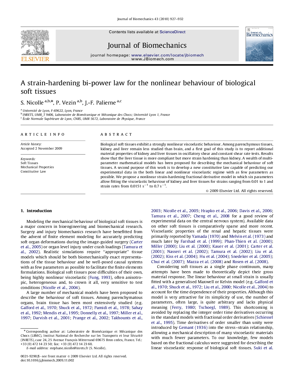 A strain-hardening bi-power law for the nonlinear behaviour of biological soft tissues