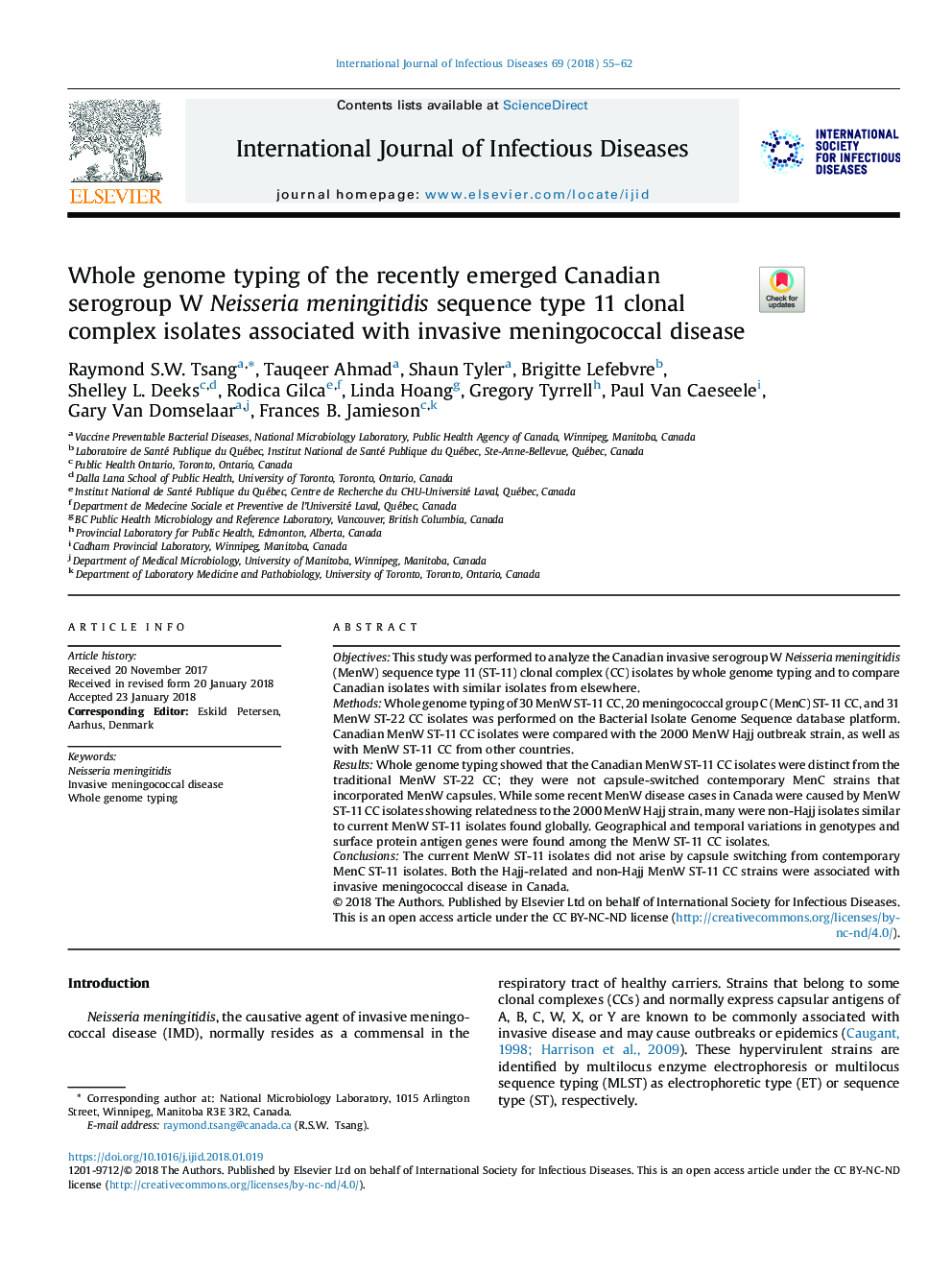 Whole genome typing of the recently emerged Canadian serogroup W Neisseria meningitidis sequence type 11 clonal complex isolates associated with invasive meningococcal disease