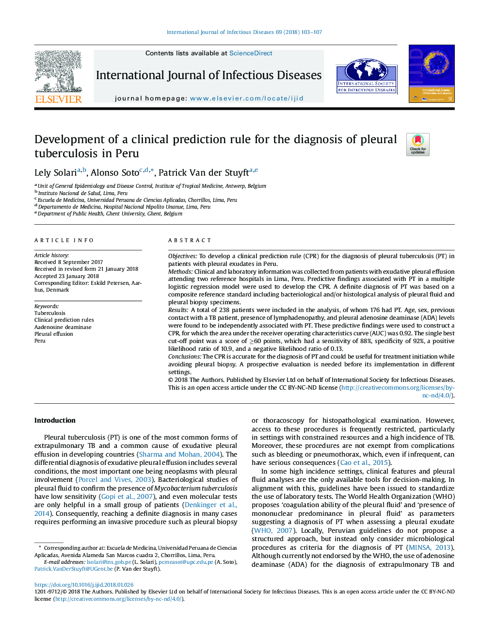 Development of a clinical prediction rule for the diagnosis of pleural tuberculosis in Peru