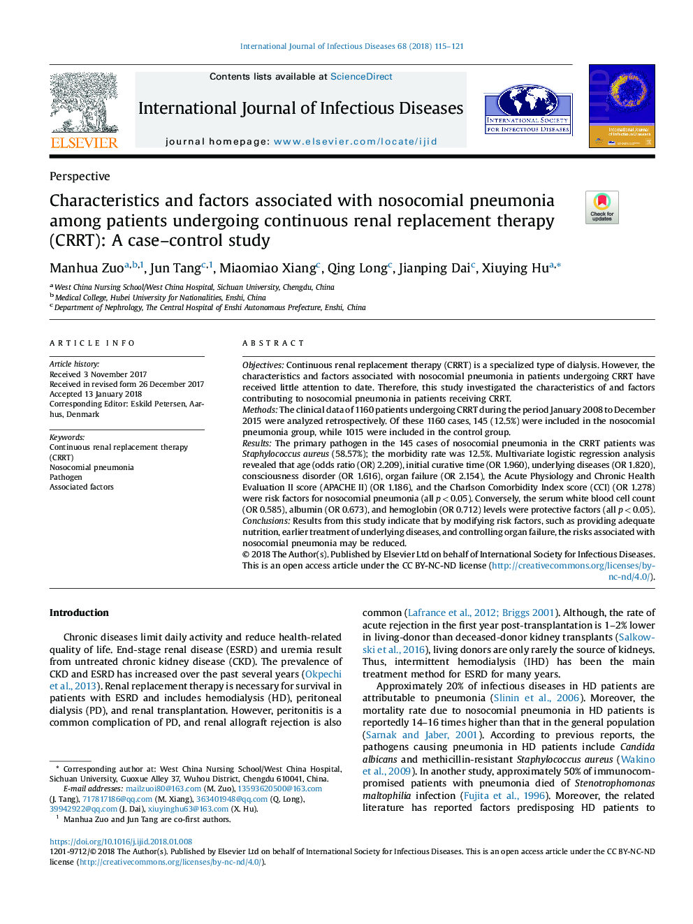 Characteristics and factors associated with nosocomial pneumonia among patients undergoing continuous renal replacement therapy (CRRT): A case-control study