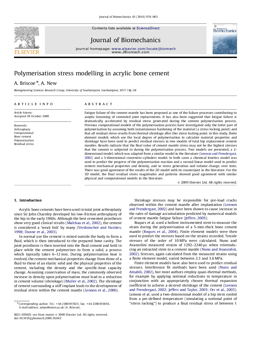 Polymerisation stress modelling in acrylic bone cement