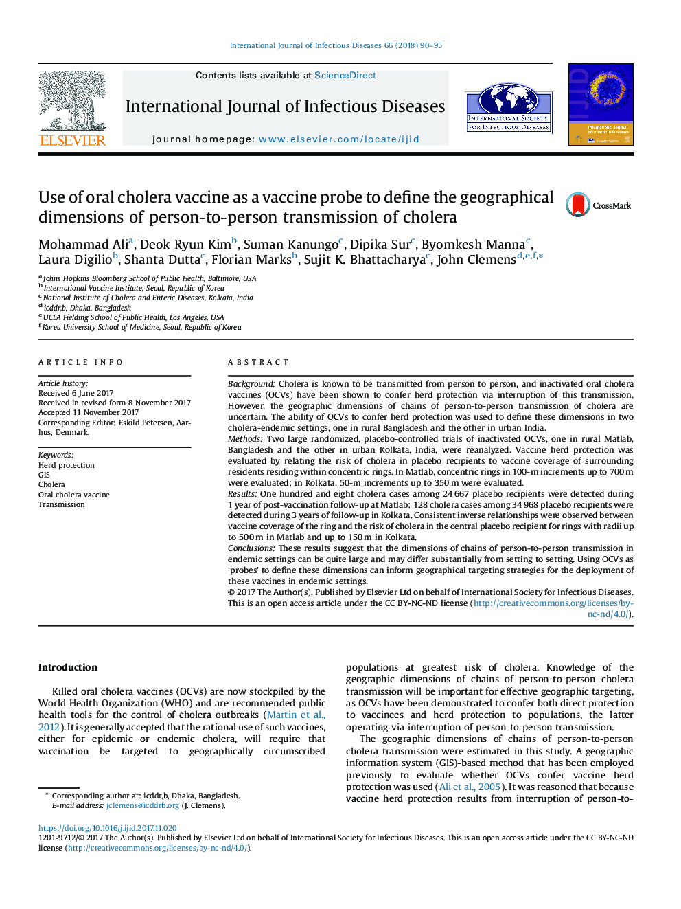 Use of oral cholera vaccine as a vaccine probe to define the geographical dimensions of person-to-person transmission of cholera