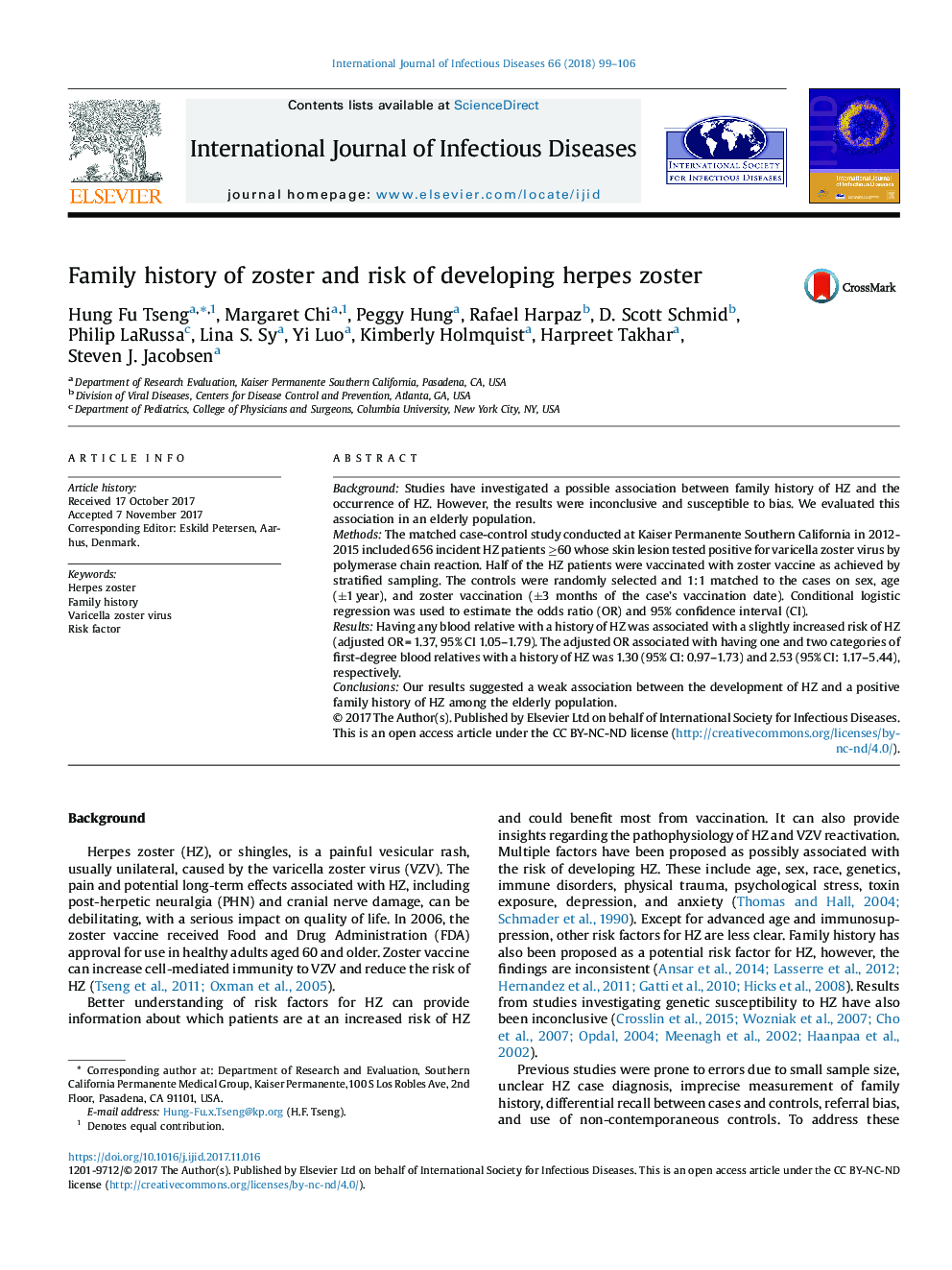 Family history of zoster and risk of developing herpes zoster