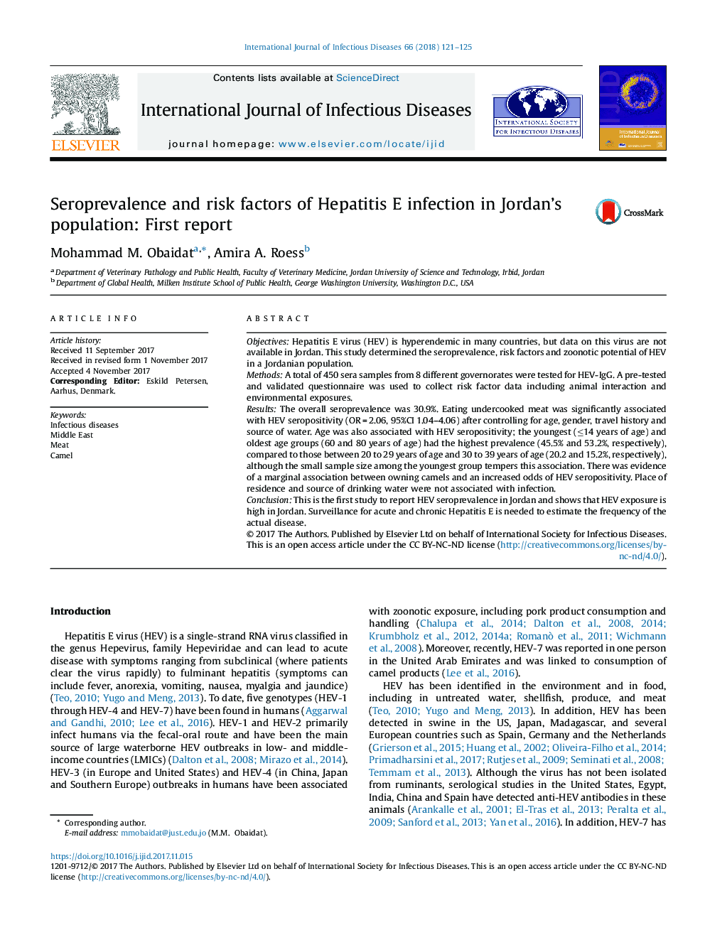 Seroprevalence and risk factors of Hepatitis E infection in Jordan's population: First report