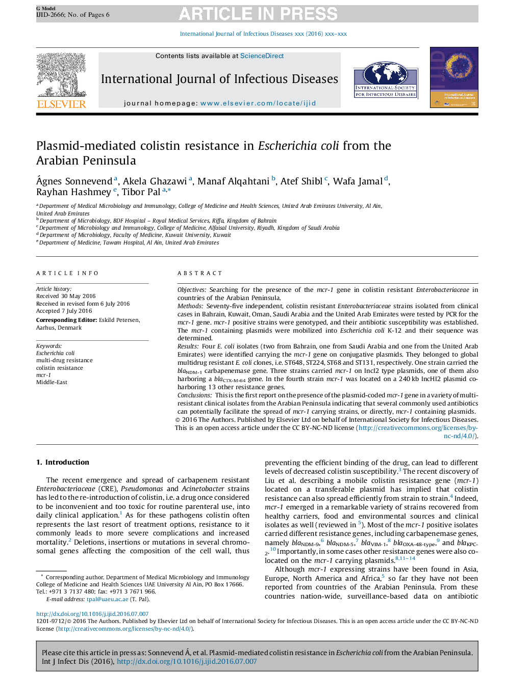 Plasmid-mediated colistin resistance in Escherichia coli from the Arabian Peninsula