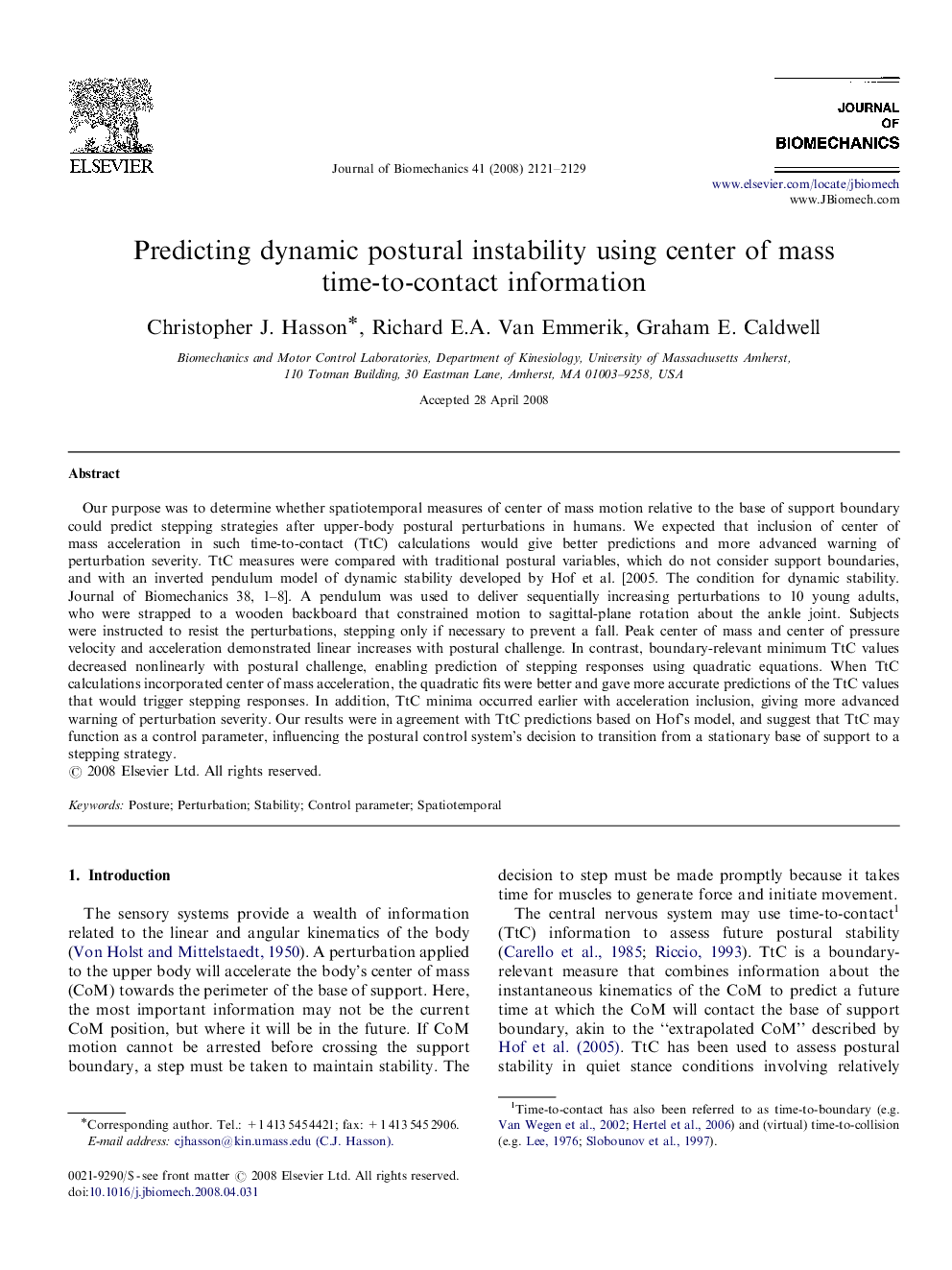 Predicting dynamic postural instability using center of mass time-to-contact information