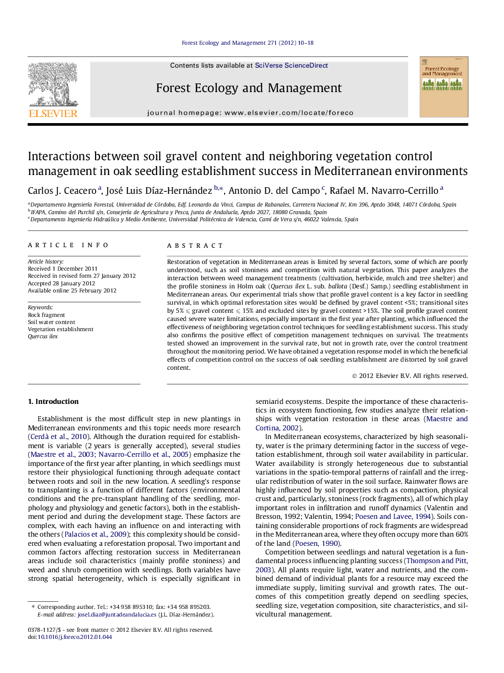 Interactions between soil gravel content and neighboring vegetation control management in oak seedling establishment success in Mediterranean environments