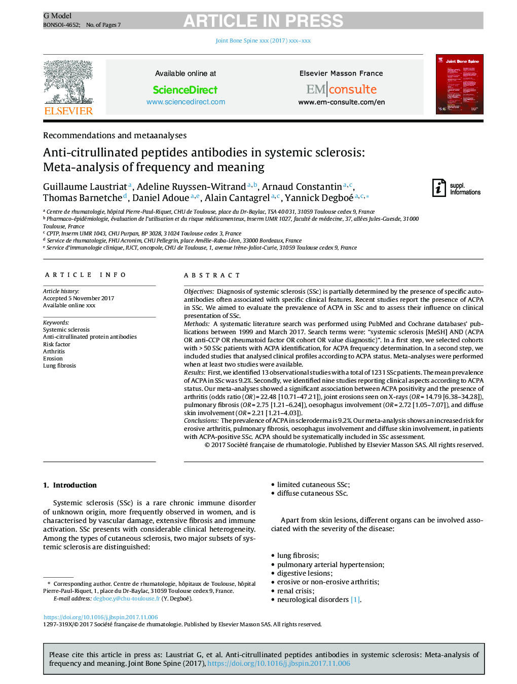 Anti-citrullinated peptides antibodies in systemic sclerosis: Meta-analysis of frequency and meaning