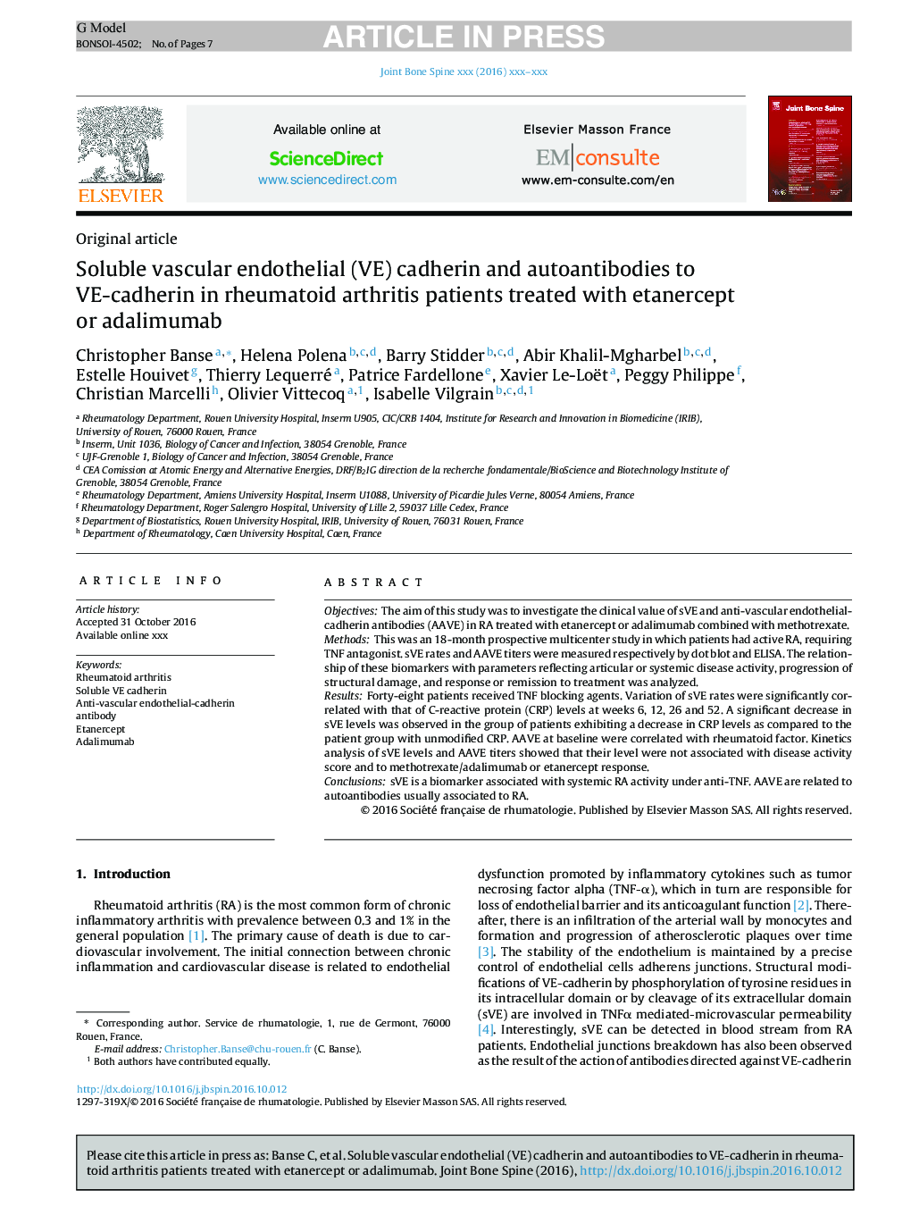 Soluble vascular endothelial (VE) cadherin and autoantibodies to VE-cadherin in rheumatoid arthritis patients treated with etanercept or adalimumab