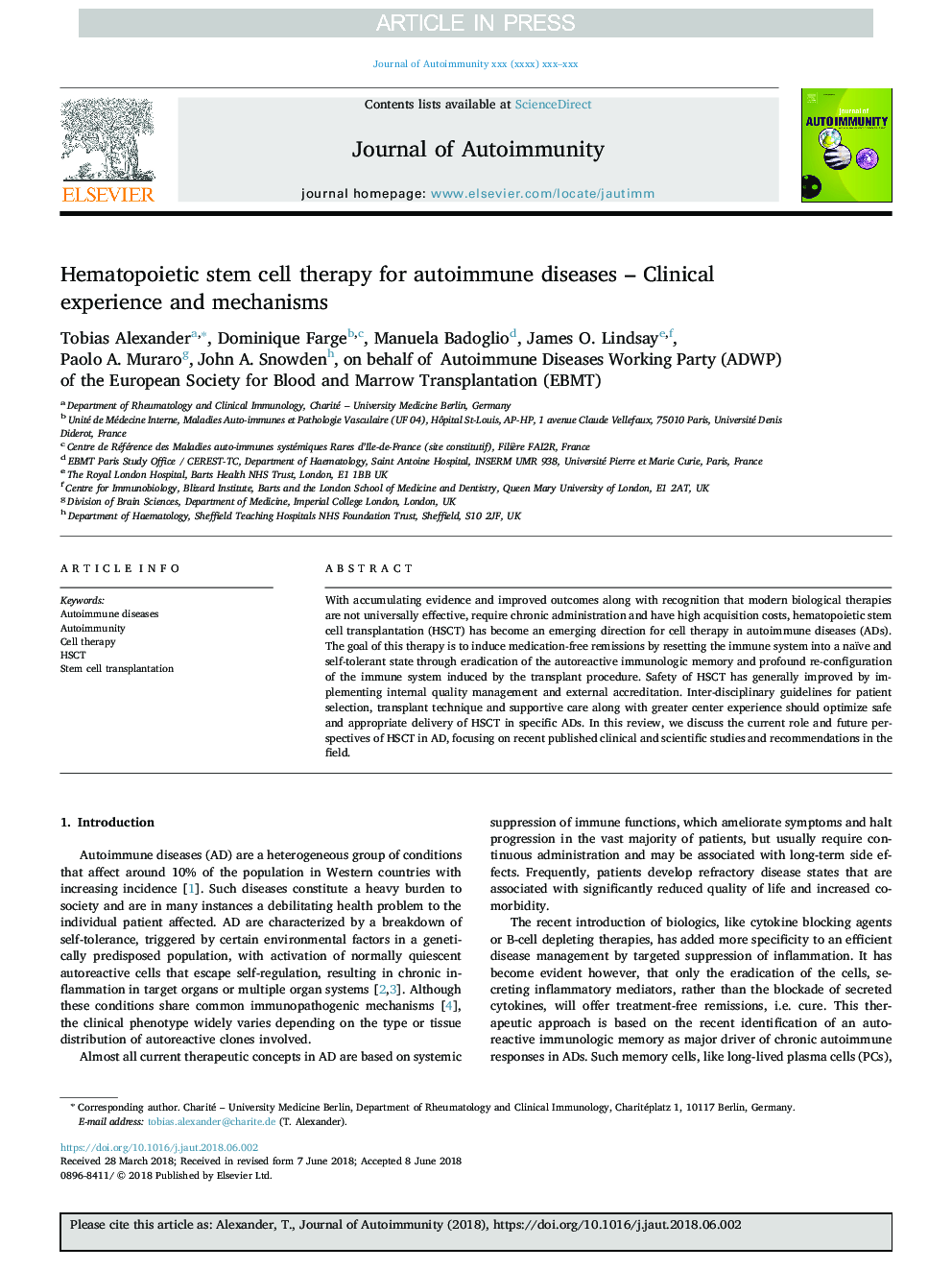 Hematopoietic stem cell therapy for autoimmune diseases - Clinical experience and mechanisms