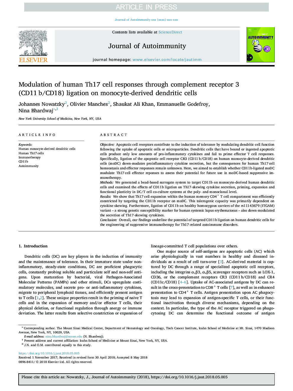 Modulation of human Th17 cell responses through complement receptor 3 (CD11â¯b/CD18) ligation on monocyte-derived dendritic cells