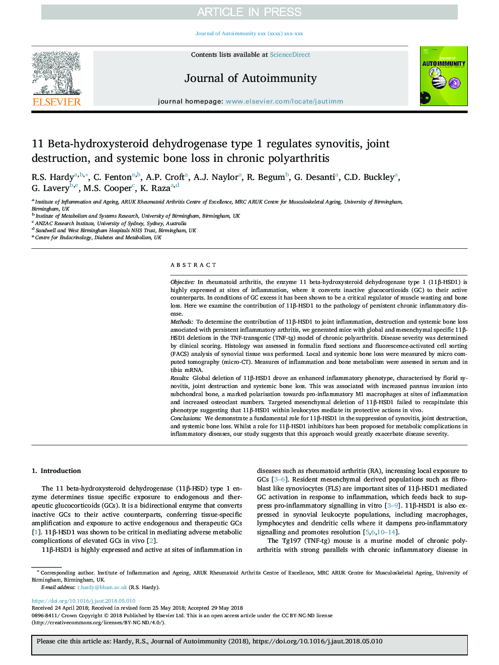 11 Beta-hydroxysteroid dehydrogenase type 1 regulates synovitis, joint destruction, and systemic bone loss in chronic polyarthritis