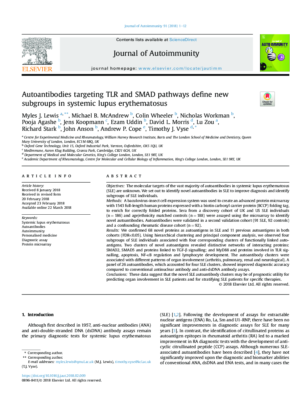 Autoantibodies targeting TLR and SMAD pathways define new subgroups in systemic lupus erythematosus