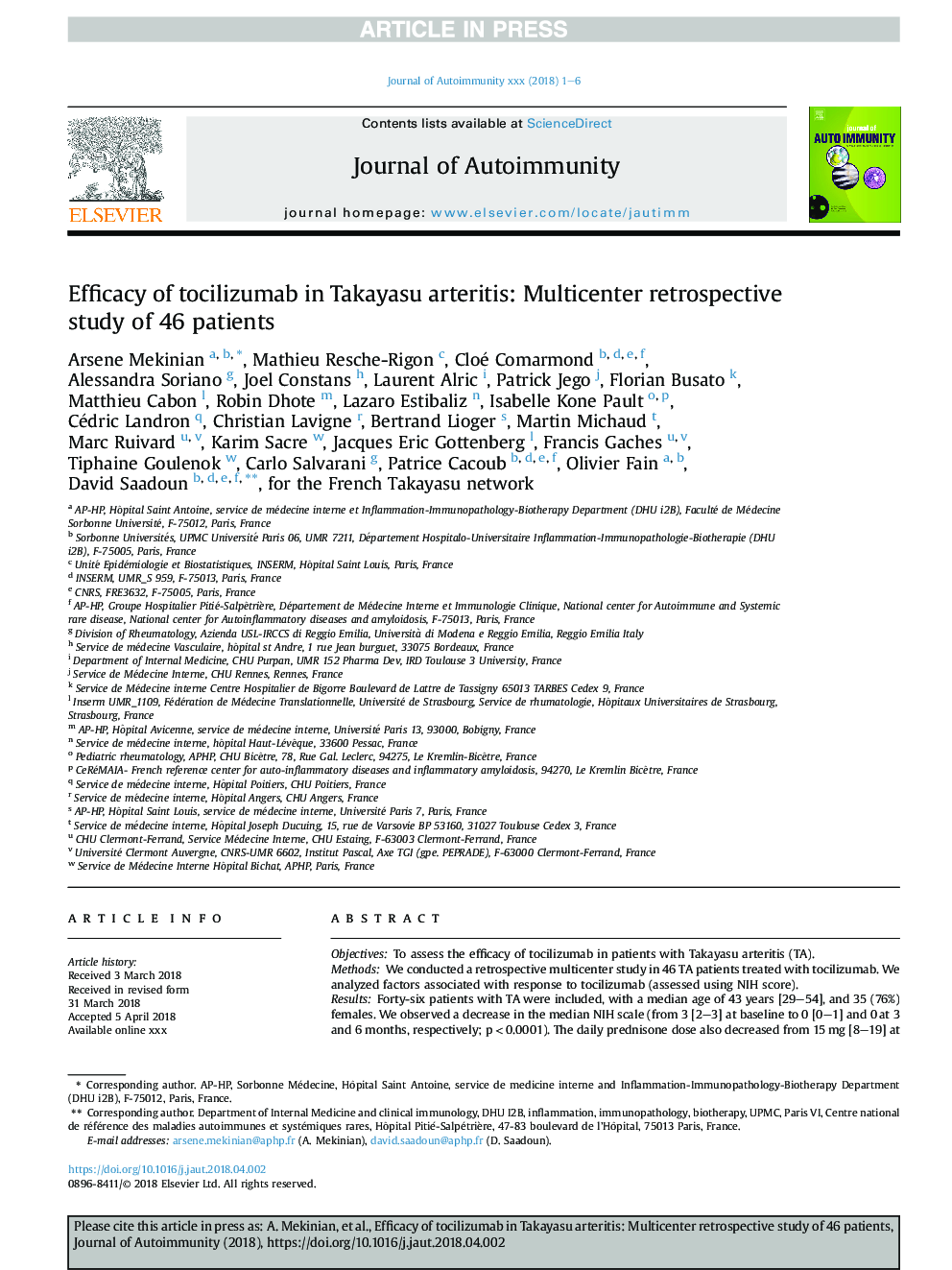 Efficacy of tocilizumab in Takayasu arteritis: Multicenter retrospective study of 46 patients