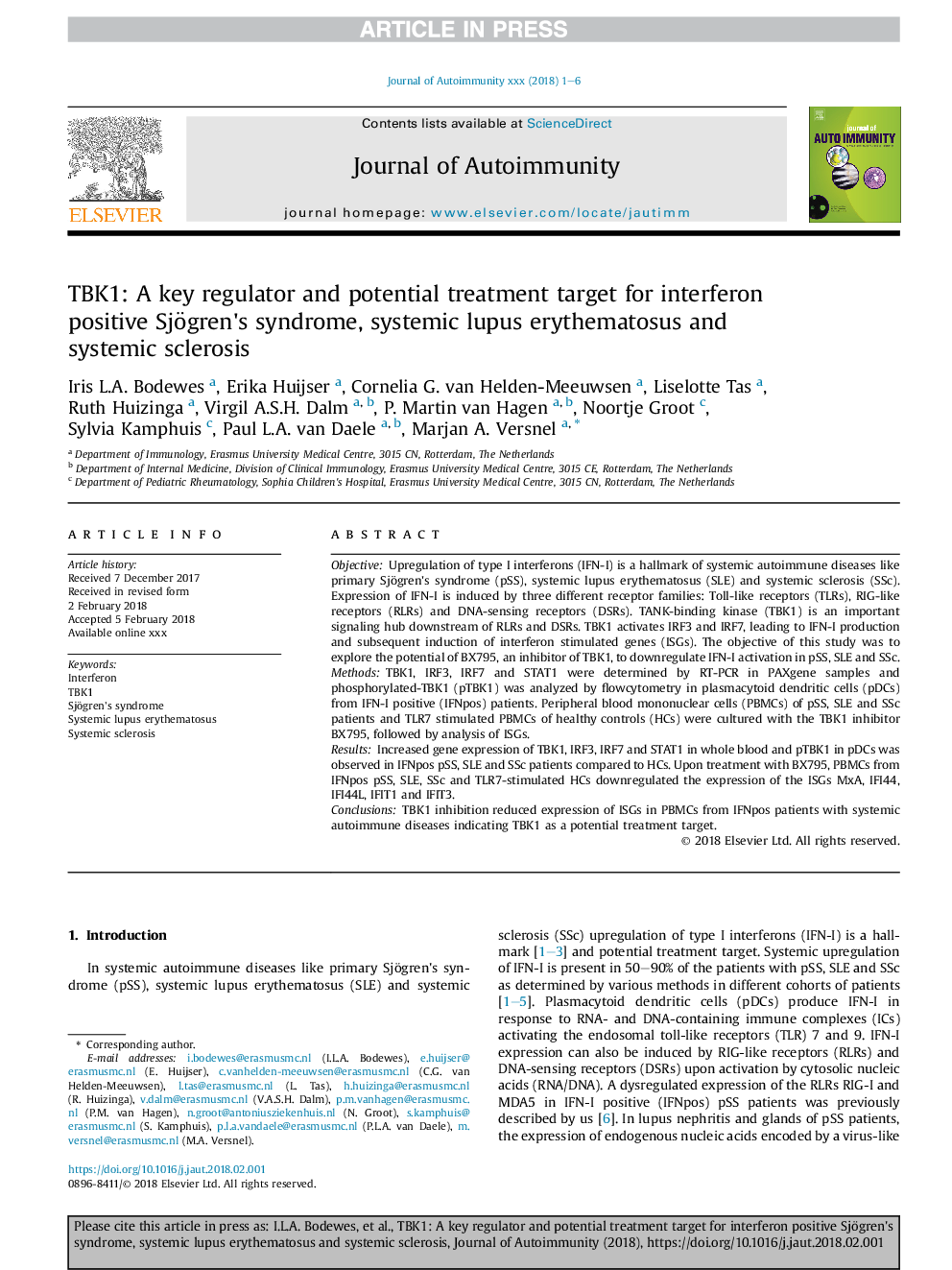 TBK1: A key regulator and potential treatment target for interferon positive Sjögren's syndrome, systemic lupus erythematosus and systemic sclerosis