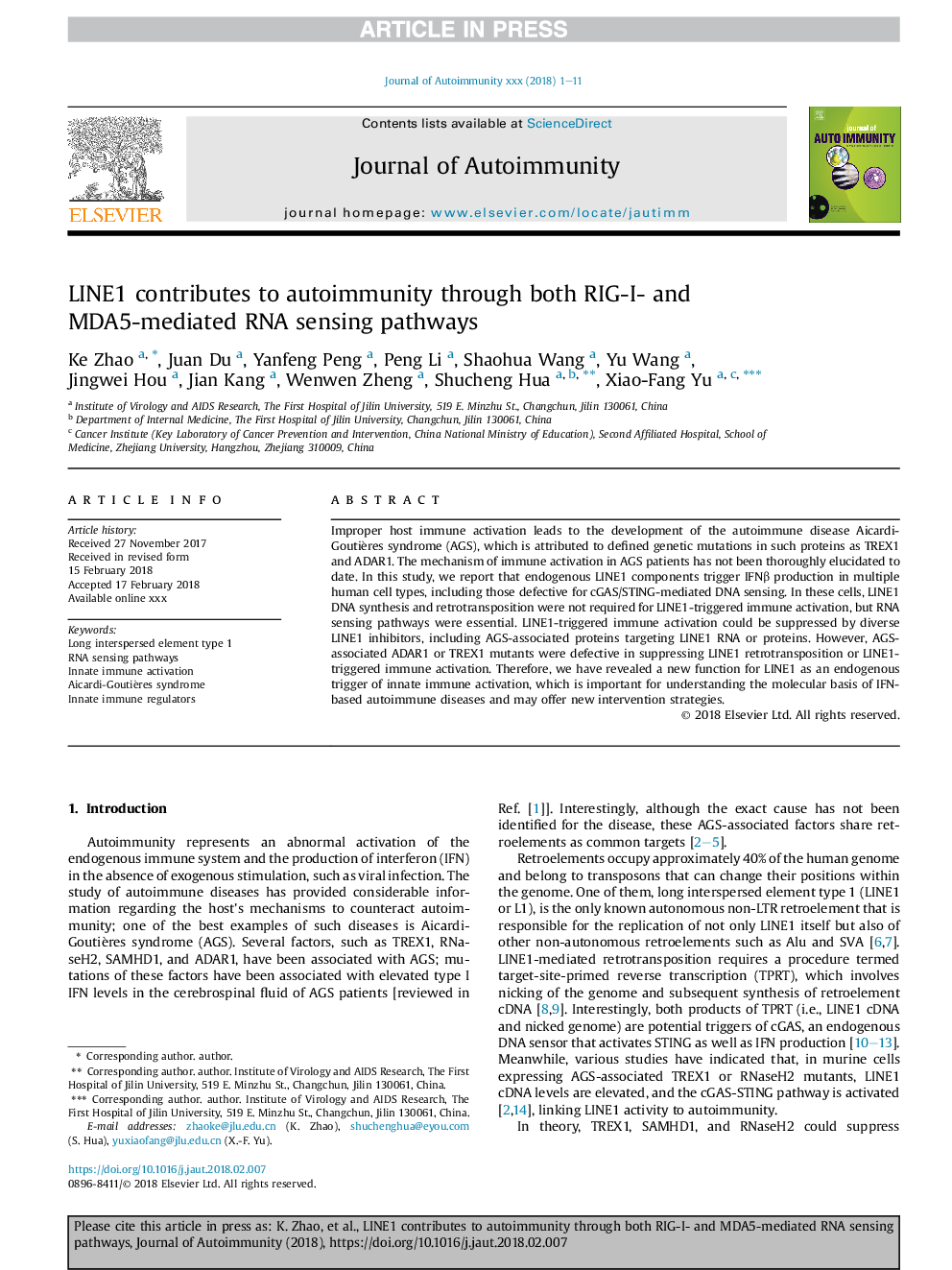 LINE1 contributes to autoimmunity through both RIG-I- and MDA5-mediated RNA sensing pathways