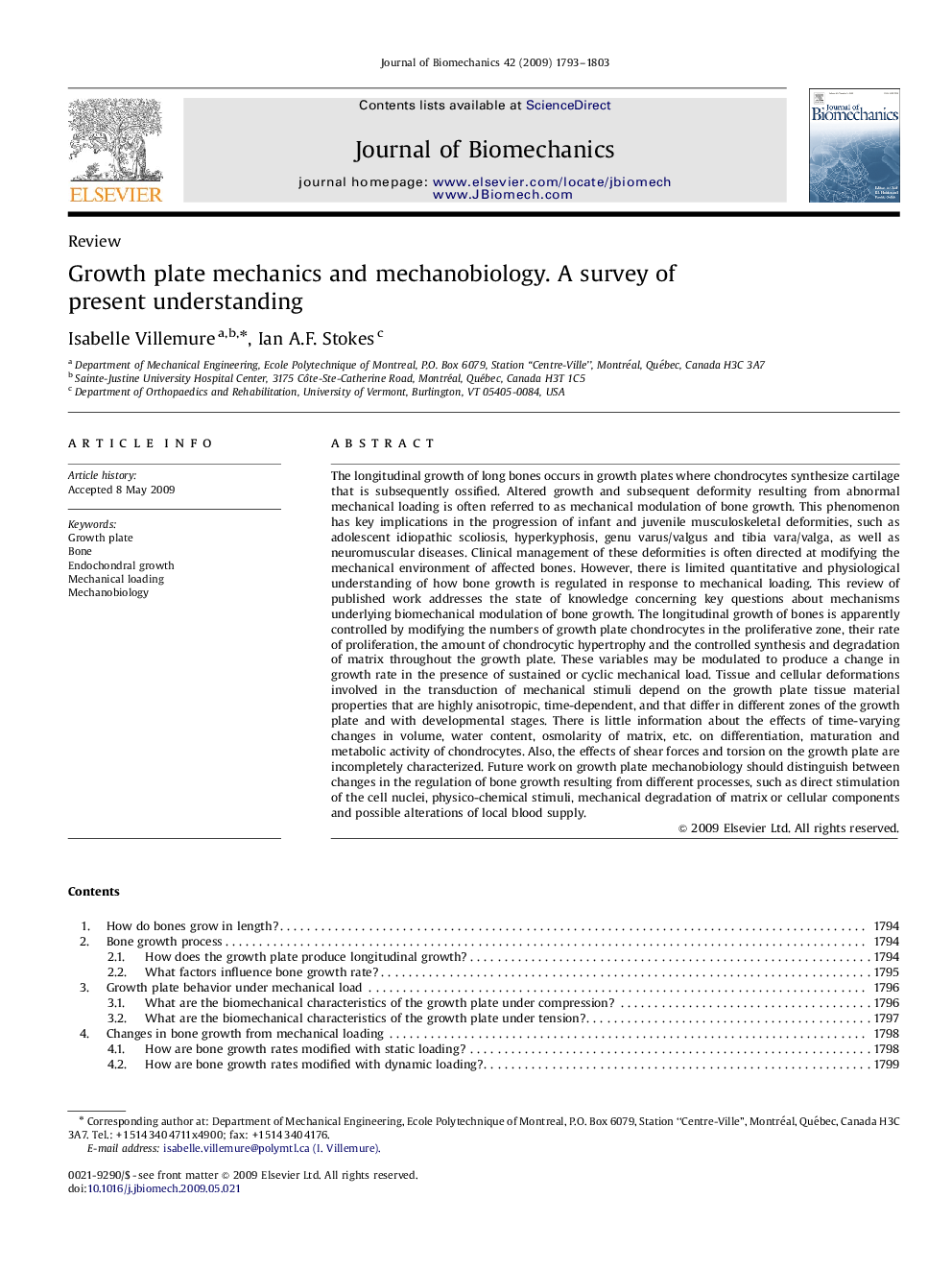 Growth plate mechanics and mechanobiology. A survey of present understanding