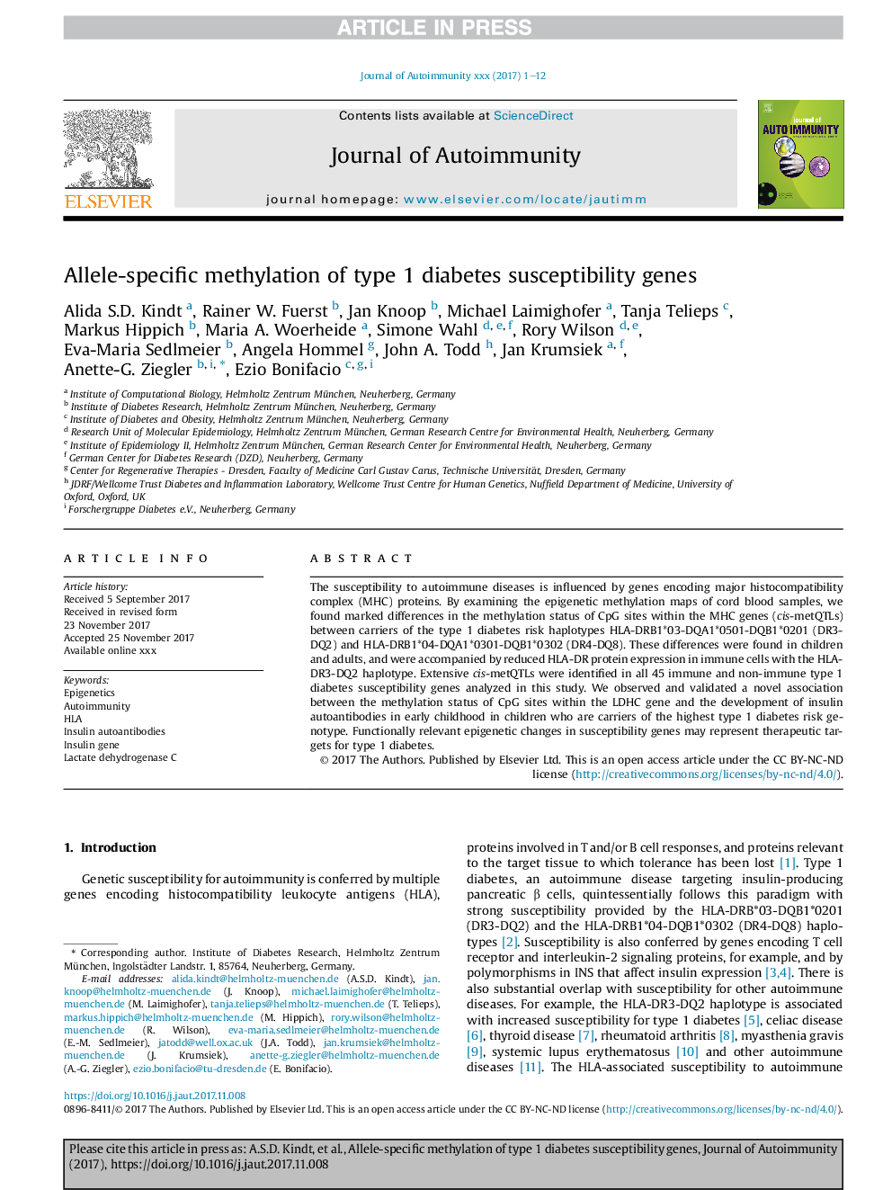 Allele-specific methylation of type 1 diabetes susceptibility genes