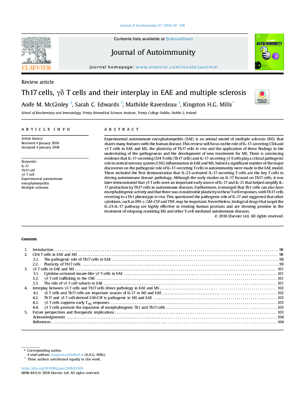 Th17â¯cells, Î³Î´ T cells and their interplay in EAE and multiple sclerosis