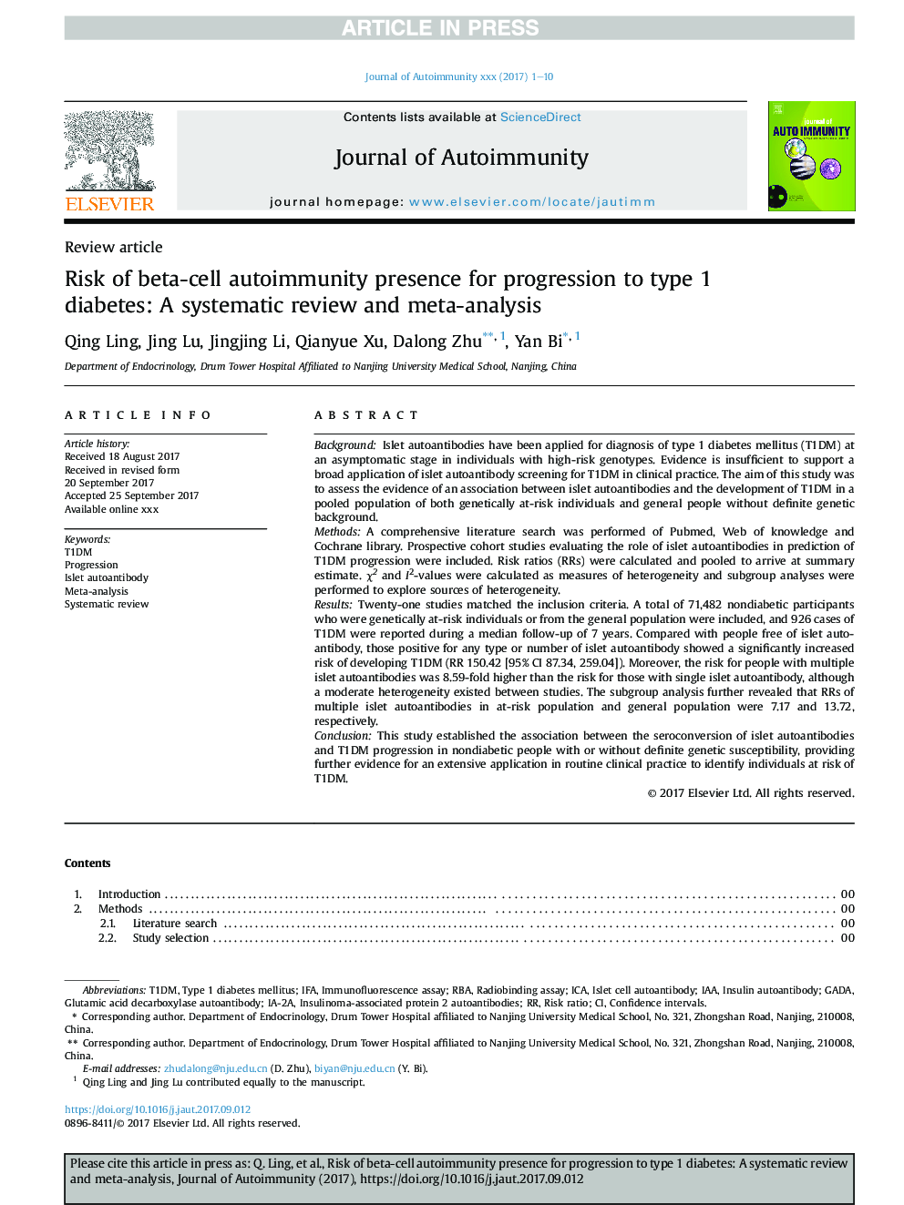 Risk of beta-cell autoimmunity presence for progression to type 1 diabetes: A systematic review and meta-analysis