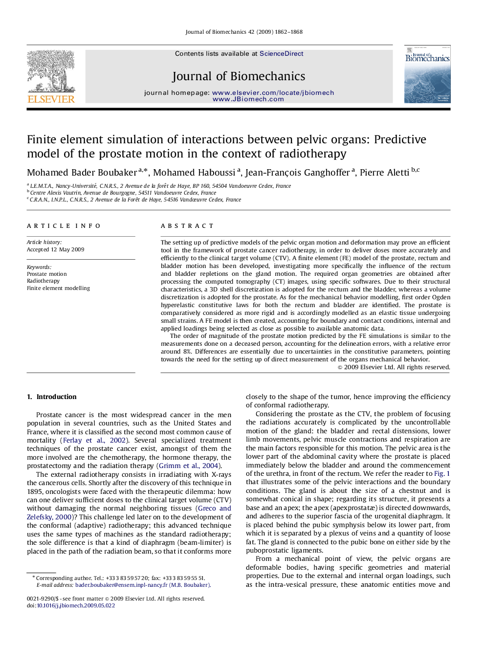 Finite element simulation of interactions between pelvic organs: Predictive model of the prostate motion in the context of radiotherapy