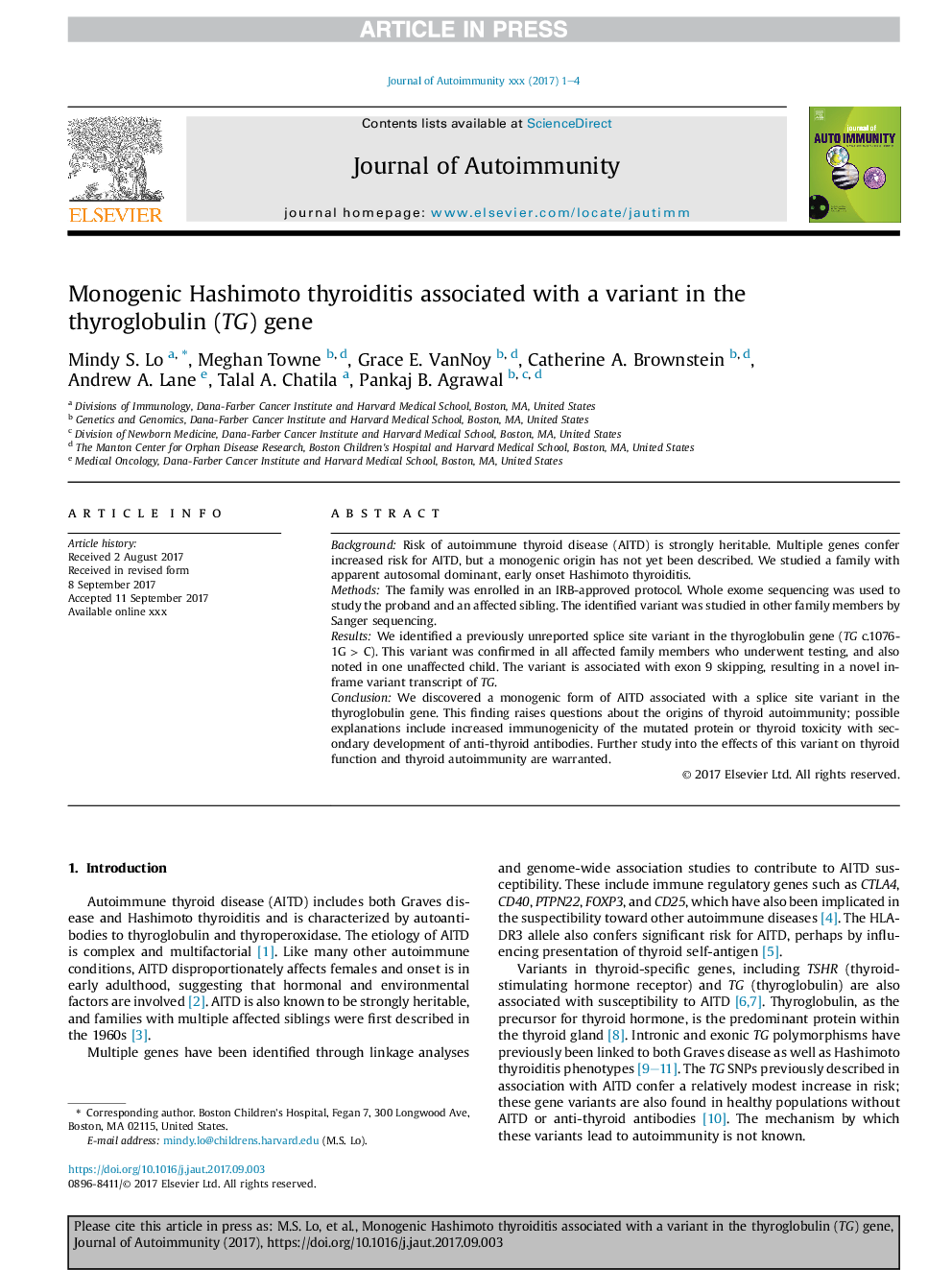 Monogenic Hashimoto thyroiditis associated with a variant in the thyroglobulin (TG) gene