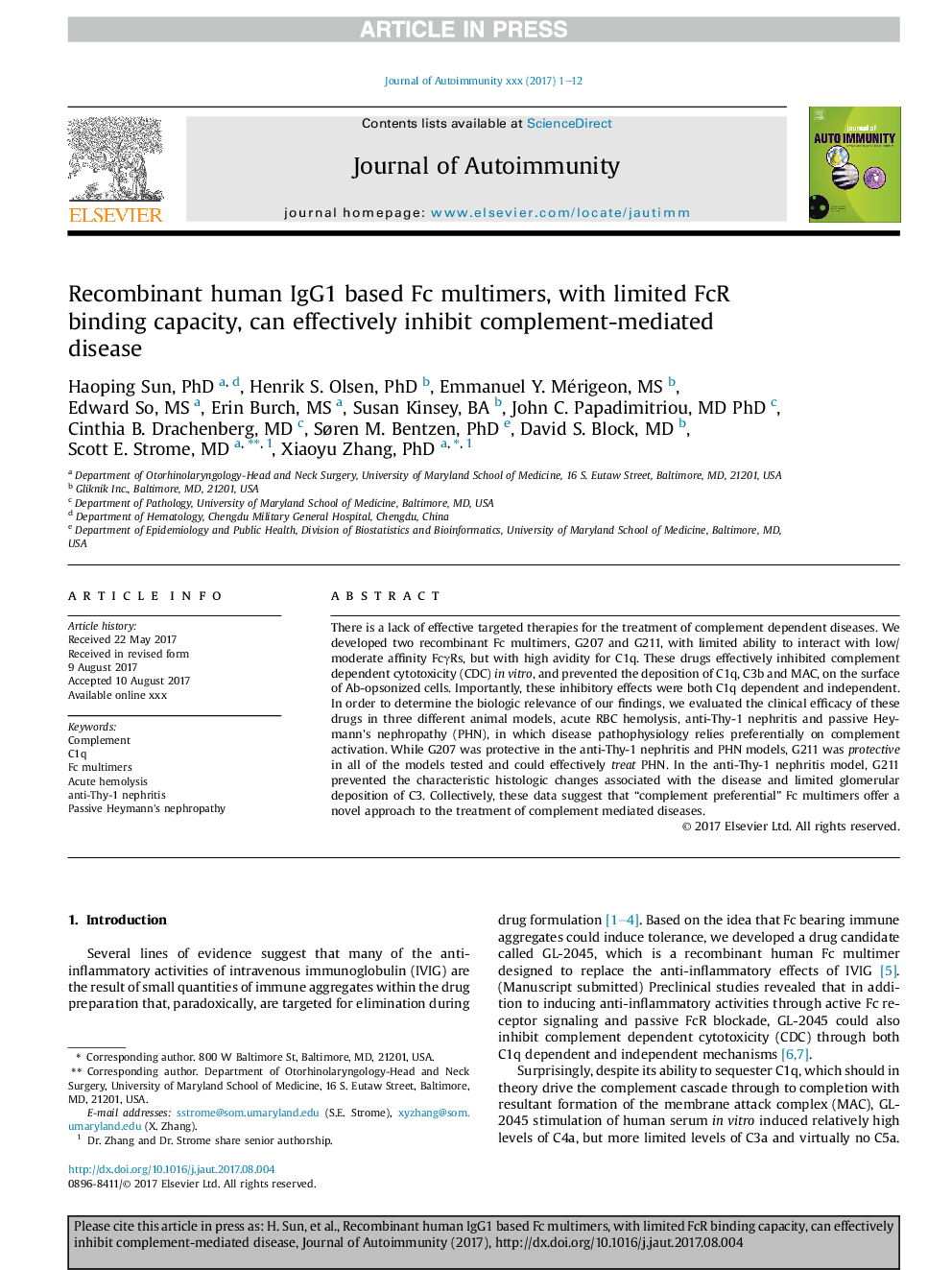 Recombinant human IgG1 based Fc multimers, with limited FcR binding capacity, can effectively inhibit complement-mediated disease