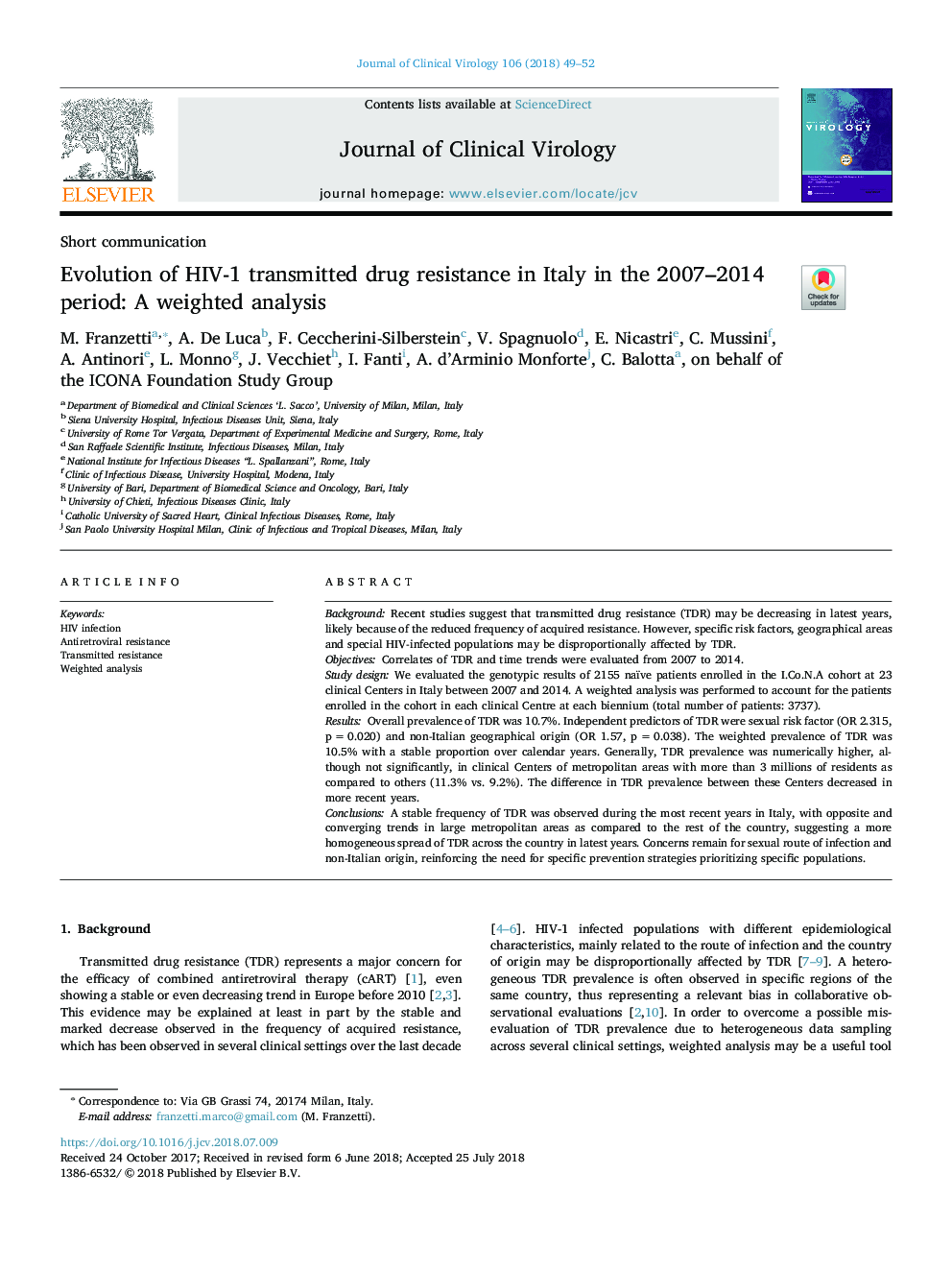 تکامل مقاومت داروی انتقال اچ آی وی در ایتالیا در دوره 2007-2014: یک تحلیل وزن 