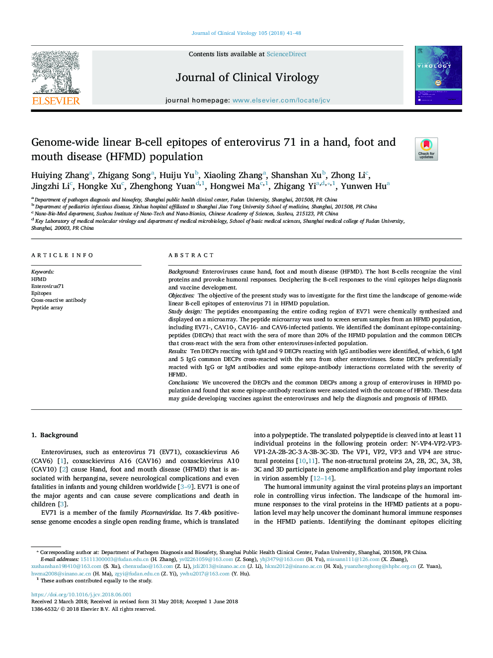 Genome-wide linear B-cell epitopes of enterovirus 71 in a hand, foot and mouth disease (HFMD) population