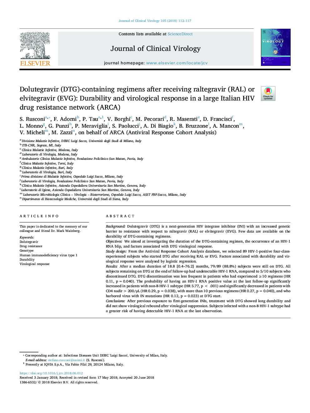 Dolutegravir (DTG)-containing regimens after receiving raltegravir (RAL) or elvitegravir (EVG): Durability and virological response in a large Italian HIV drug resistance network (ARCA)