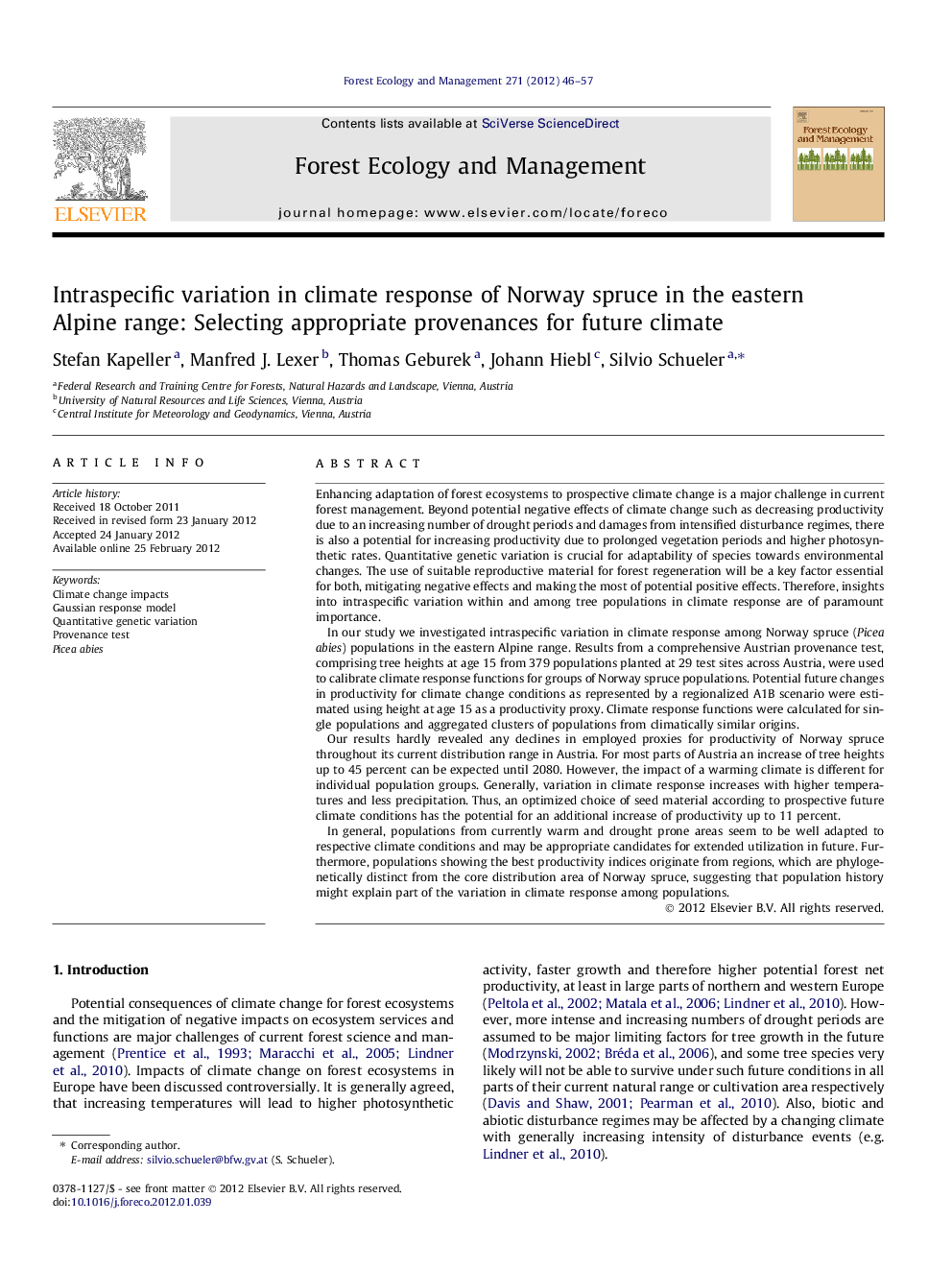 Intraspecific variation in climate response of Norway spruce in the eastern Alpine range: Selecting appropriate provenances for future climate