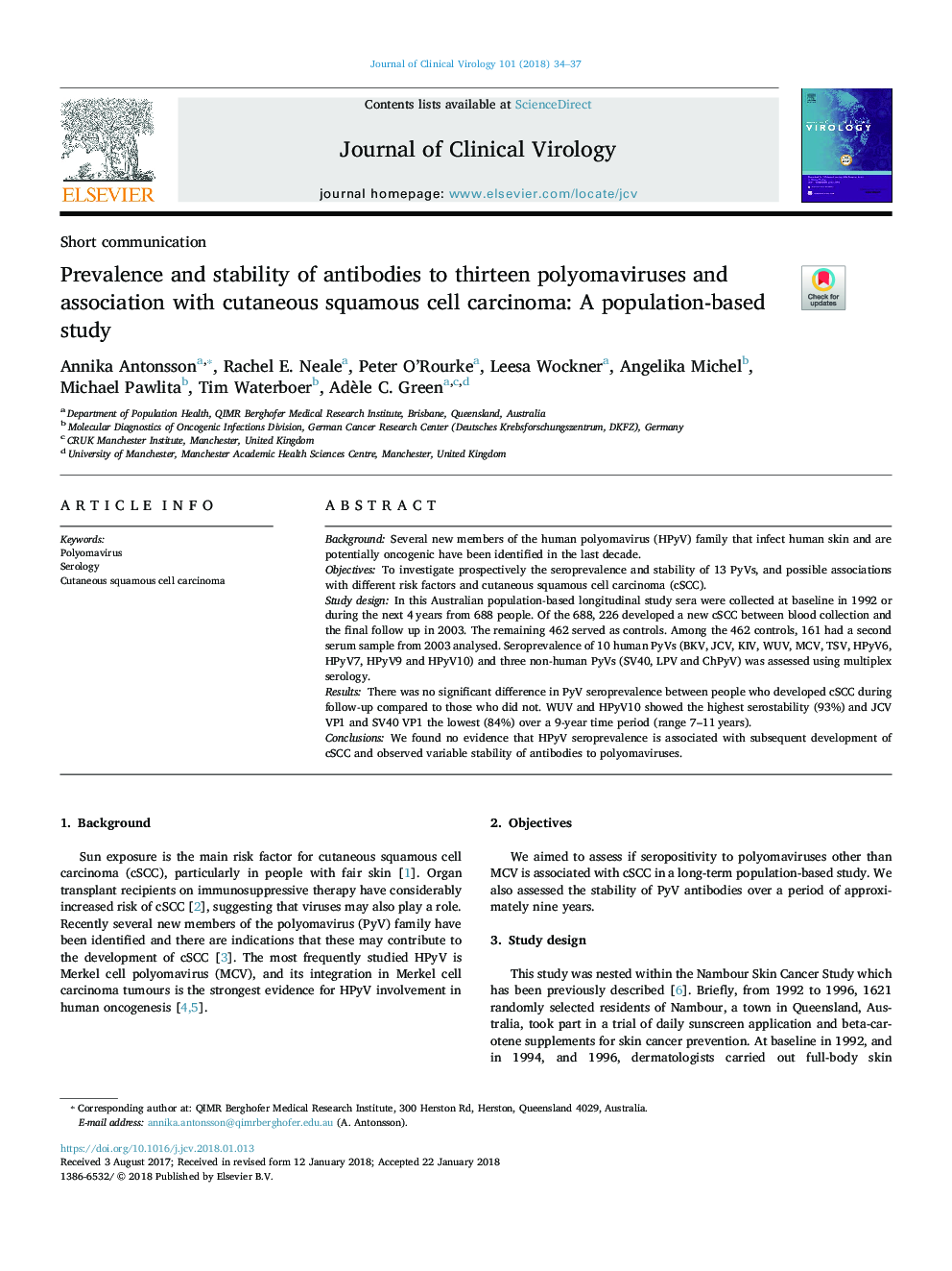 شیوع و پایداری آنتیبادی ها در سیزده پولوموویروس و ارتباط آن با کارسینوم سلول سنگفرشی پوستی: یک مطالعه مبتنی بر جمعیت 