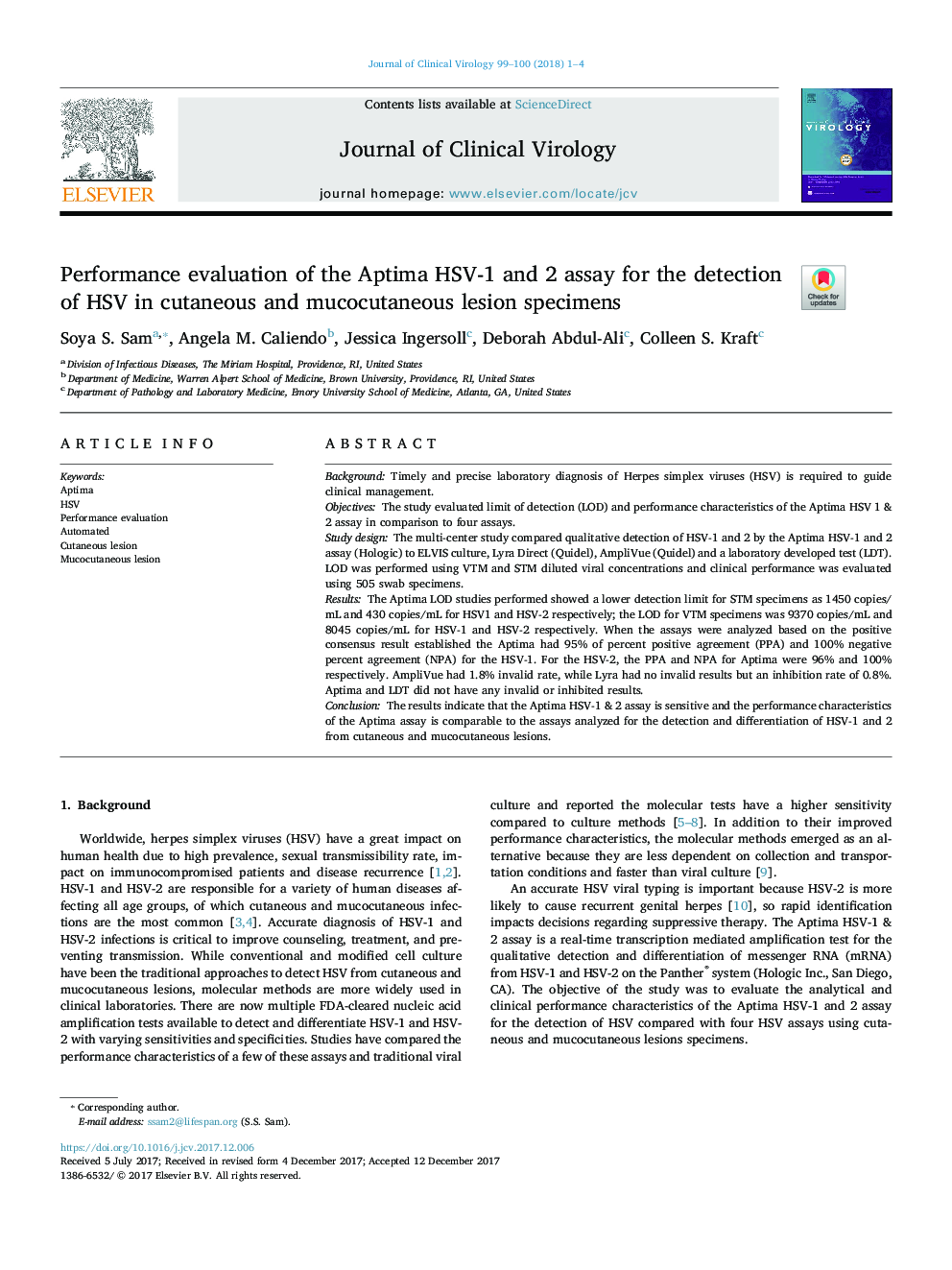 Performance evaluation of the Aptima HSV-1 and 2 assay for the detection of HSV in cutaneous and mucocutaneous lesion specimens