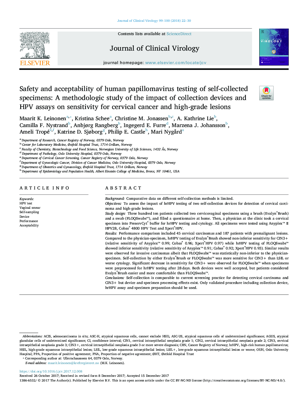 Safety and acceptability of human papillomavirus testing of self-collected specimens: A methodologic study of the impact of collection devices and HPV assays on sensitivity for cervical cancer and high-grade lesions