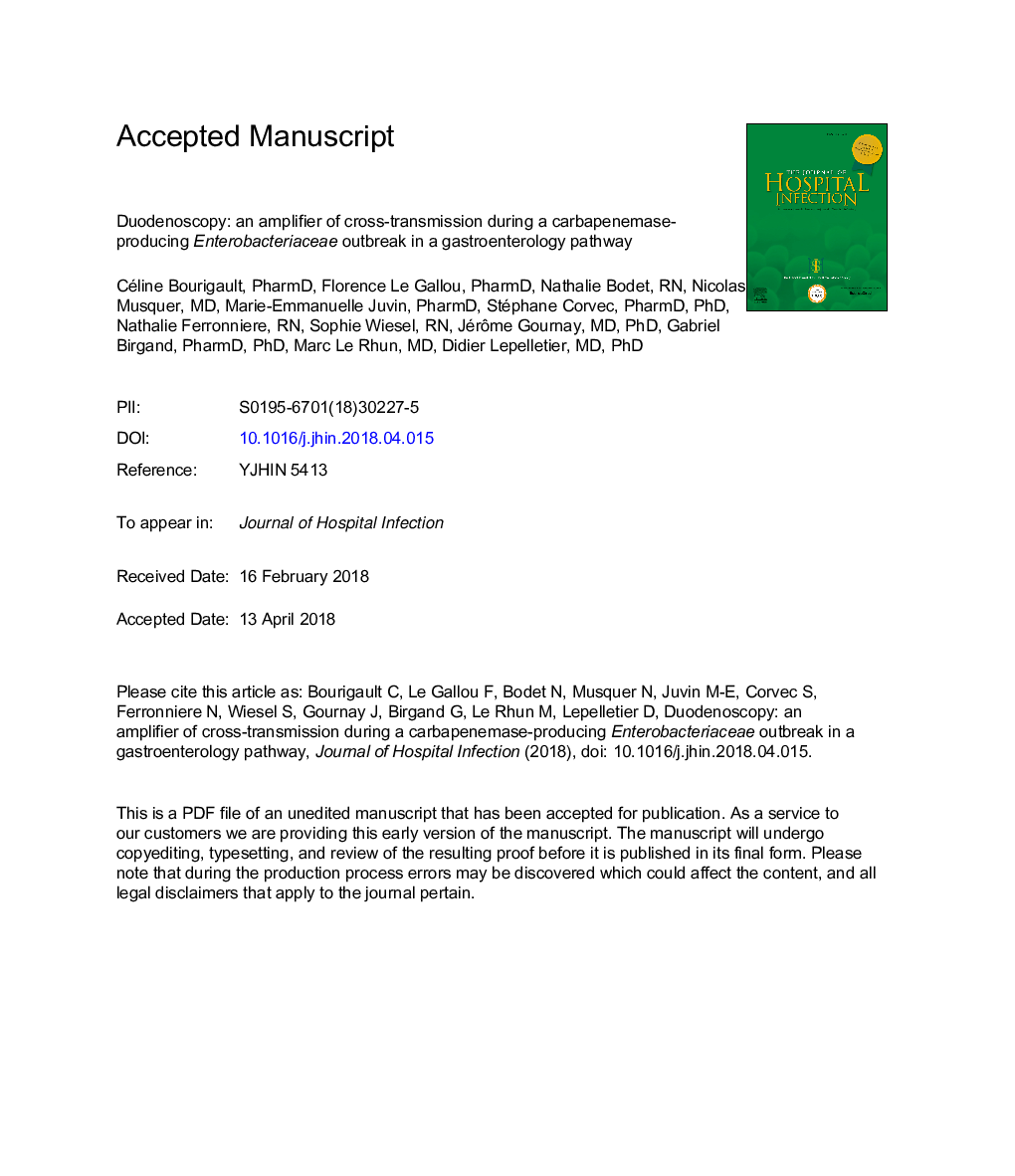 Duodenoscopy: an amplifier of cross-transmission during a carbapenemase-producing Enterobacteriaceae outbreak in a gastroenterology pathway