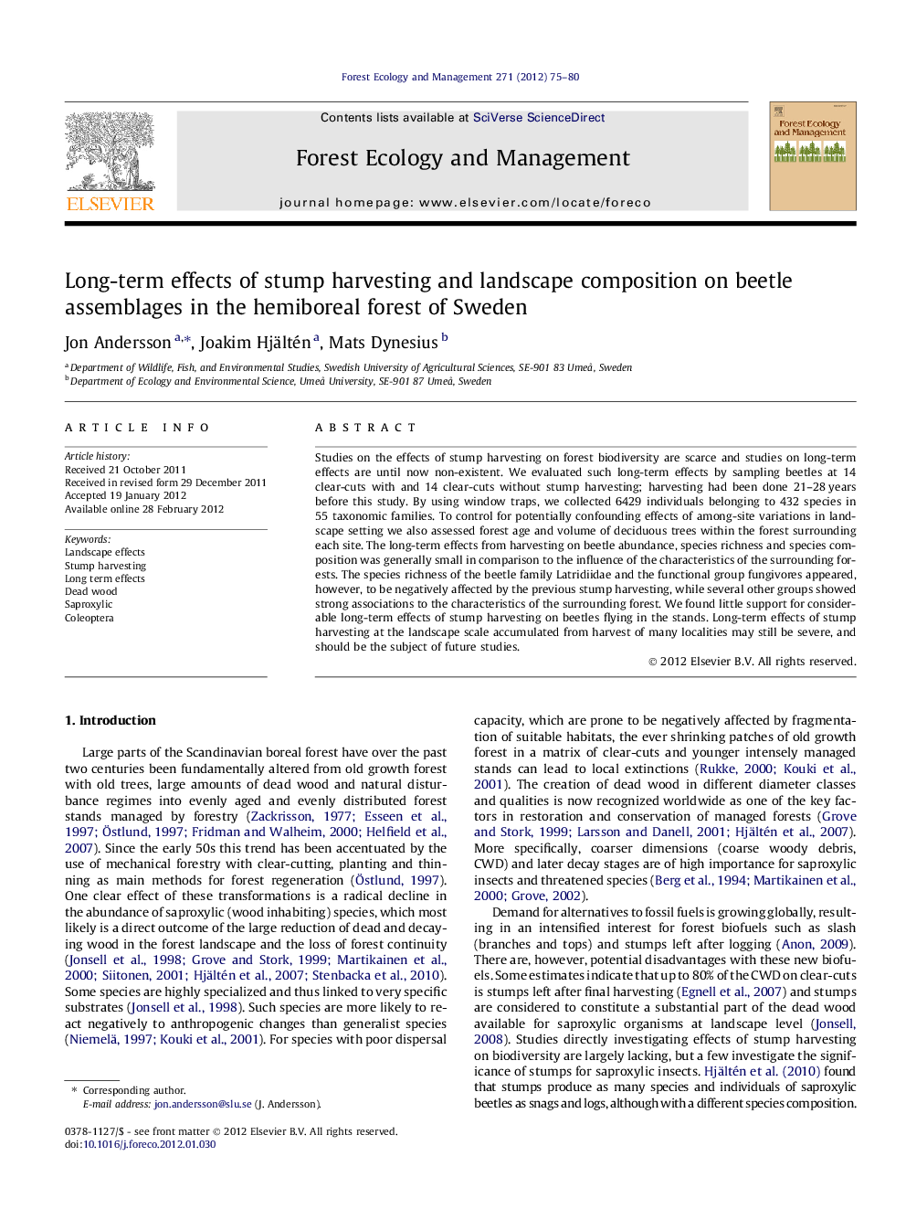 Long-term effects of stump harvesting and landscape composition on beetle assemblages in the hemiboreal forest of Sweden